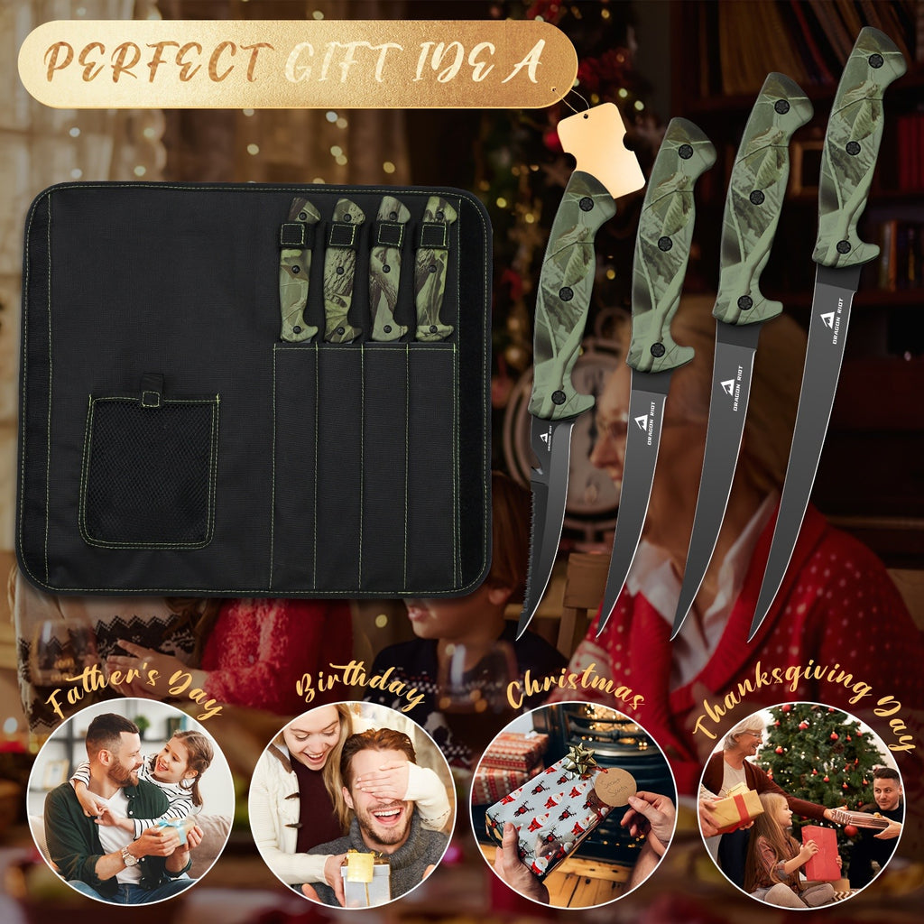 Fish Fillet Knife Set with 5, 6, 7 and 9 Inch Listed Blades, Stainless Steel Bait and Boning Tools with Carrying Bag, Sharpener and Optional Scissors Selection