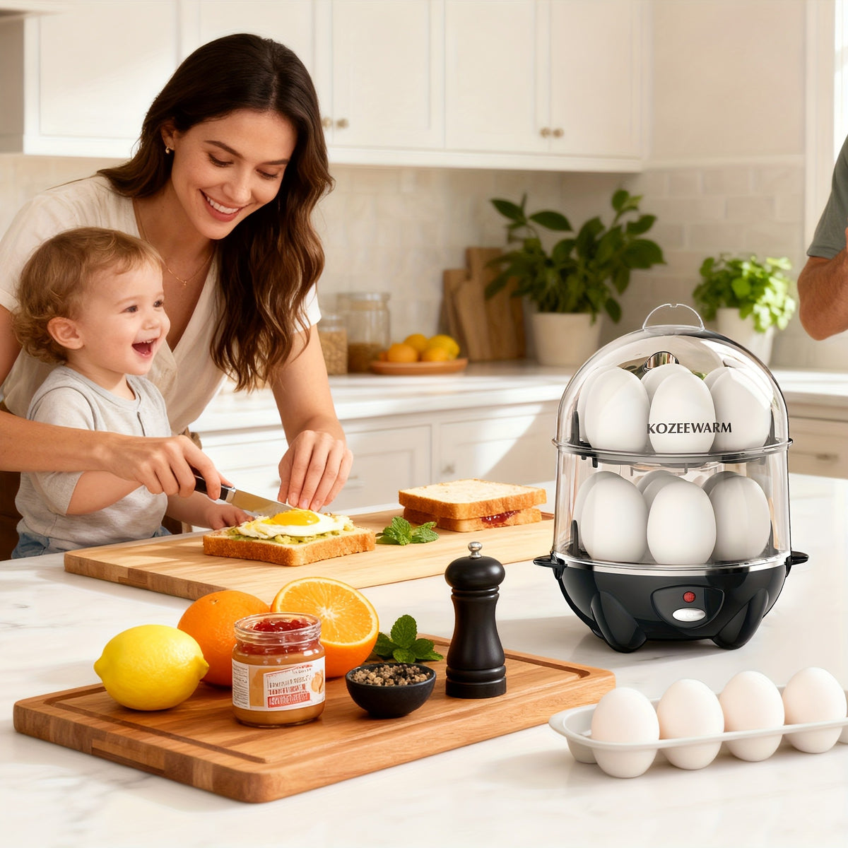 Layered Egg Cooker with Auto Shut-Off, Single or Double Layer Model Options for Boiled Eggs, Scrambled Eggs, Omelets, Steamed Vegetables and Dumplings