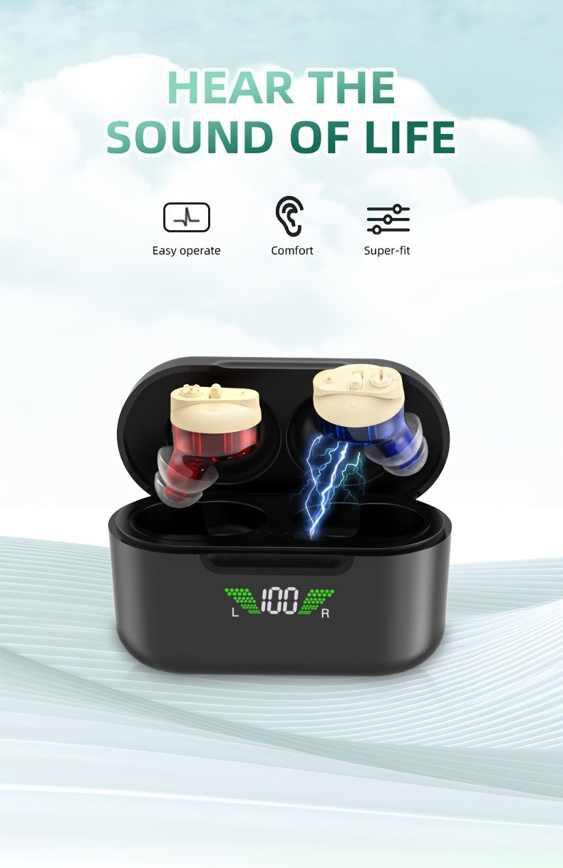 Digital Display Rechargeable Hearing Aid with Listed Noise Reduction, Compact Design and Blue and Red Color Option for Personal Listening Routines