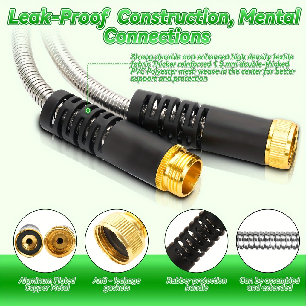 Metal Outdoor Watering Hose with Listed Stainless Steel Design, 50ft or 100ft Options and Ambiguous Three-Fitting and Ten-Function Nozzle Wording for Garden Care