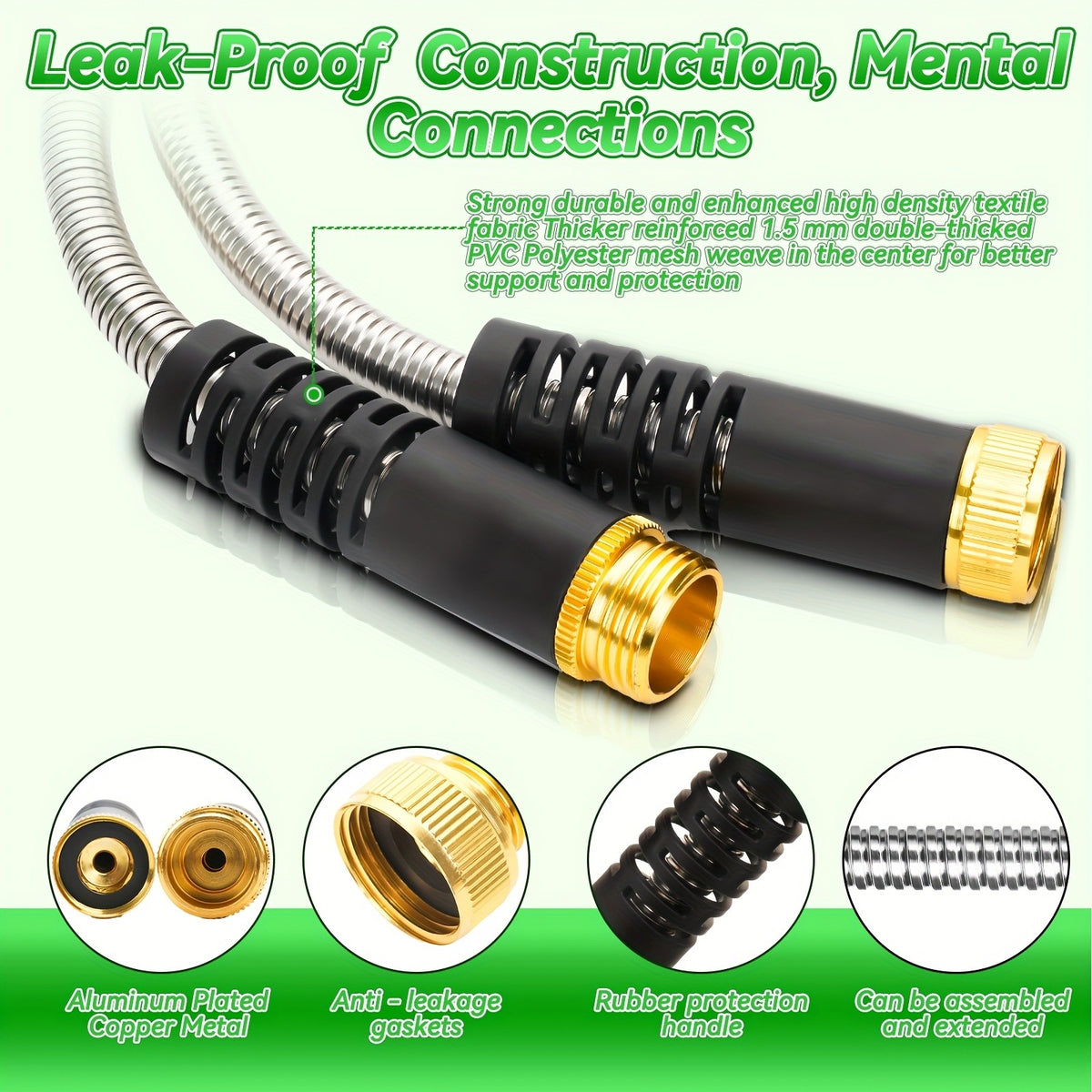 Metal Outdoor Watering Hose with Listed Stainless Steel Design, 50ft or 100ft Options and Ambiguous Three-Fitting and Ten-Function Nozzle Wording for Garden Care
