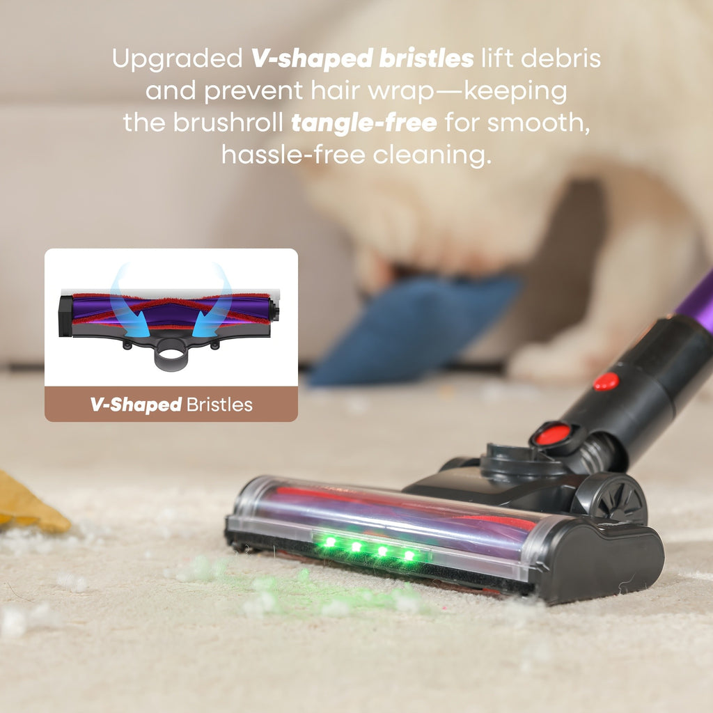 Detachable-Battery Cordless Vacuum Cleaner in Purple with Listed 46kPa Suction, Six-Stage Filtration and V-Shaped Brush Features for Home Floor and Pet Hair Cleanup