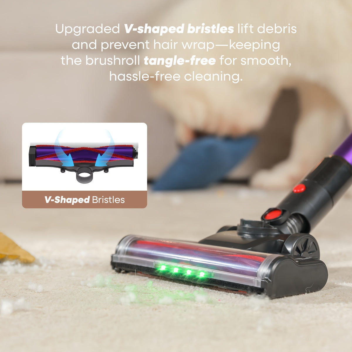 Detachable-Battery Cordless Vacuum Cleaner in Purple with Listed 46kPa Suction, Six-Stage Filtration and V-Shaped Brush Features for Home Floor and Pet Hair Cleanup