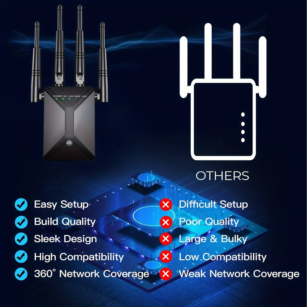Black Dual-Band WiFi Extender with Ethernet Port, 2.4GHz and 5GHz Wireless Signal Booster and Repeater for Compatible Home Internet Networks