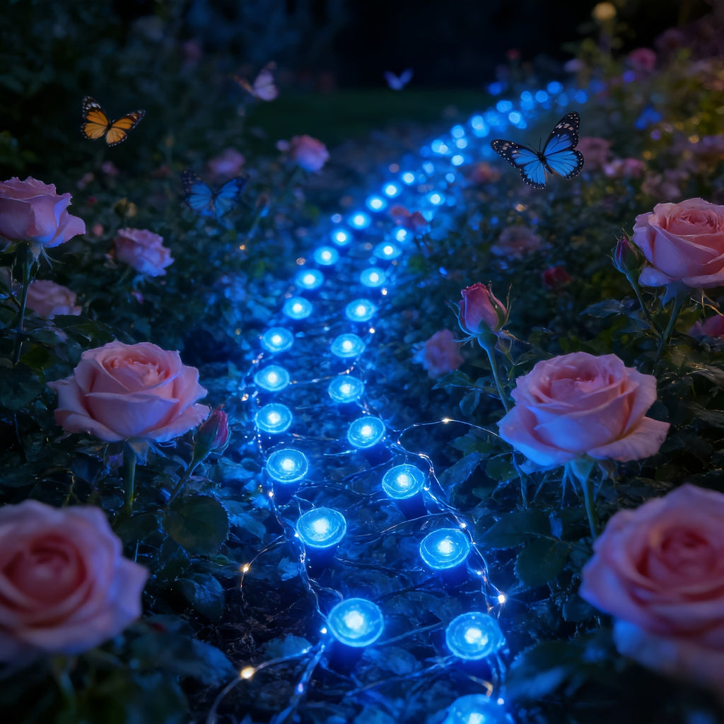Solar Pathway String Lights with Listed 30 LEDs and Stake Design, Six Warm, White, Purple, Blue, Red and Green Light Options for Patio and Garden Event Decor