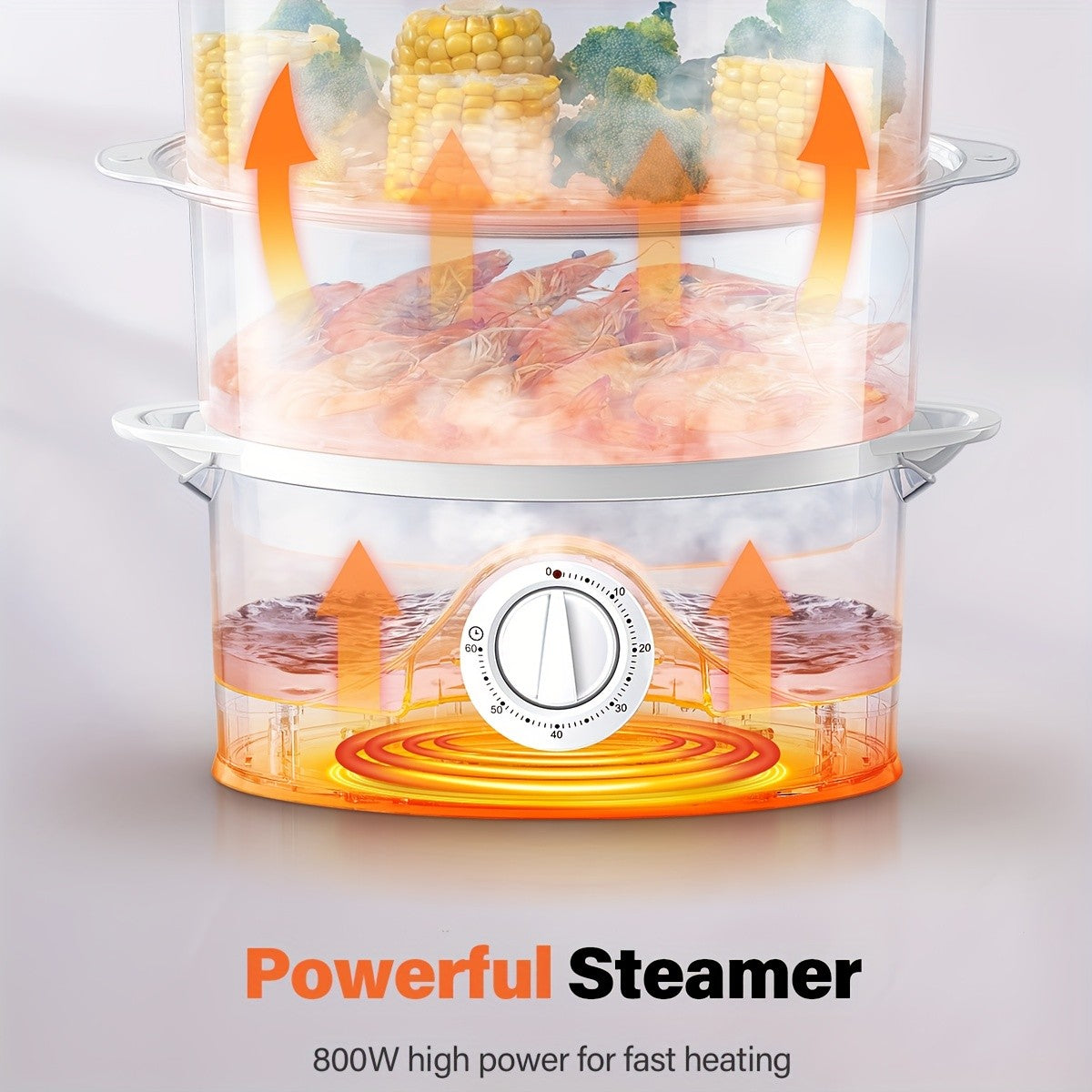 Electric Food Steamer with 3 Tiers, 9.6QT Capacity and 800W Power, White Vegetable and Dumpling Steamer with 60-Minute Timer and Boil-Dry Protection