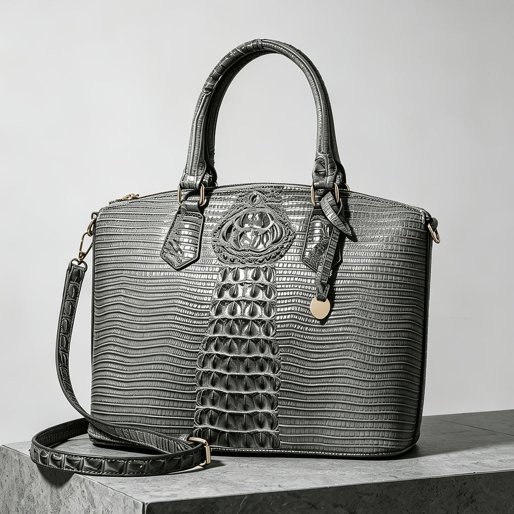 Crocodile-Design Work Handbag for Women with Detachable Shoulder Strap and Zipper Closure, Spacious Crossbody-Style Purse for Office and Everyday Wear