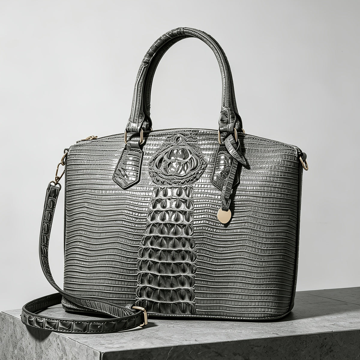 Crocodile-Design Work Handbag for Women with Detachable Shoulder Strap and Zipper Closure, Spacious Crossbody-Style Purse for Office and Everyday Wear