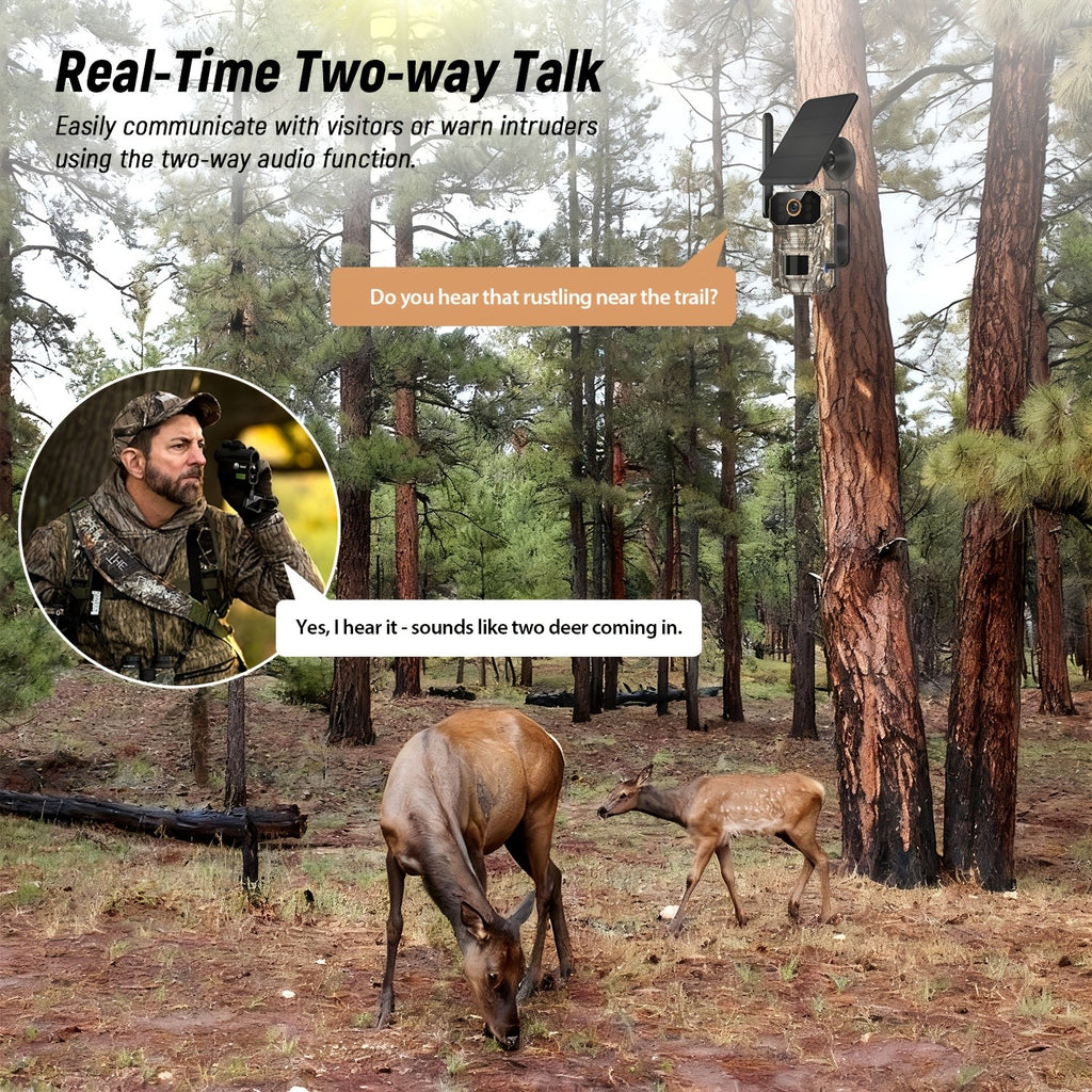 4G LTE Cellular Tracking Camera in Camouflage, Listed 1440P Video, USB and Solar Charging, Night Vision and Two-Way Audio in One- or Three-Camera Options