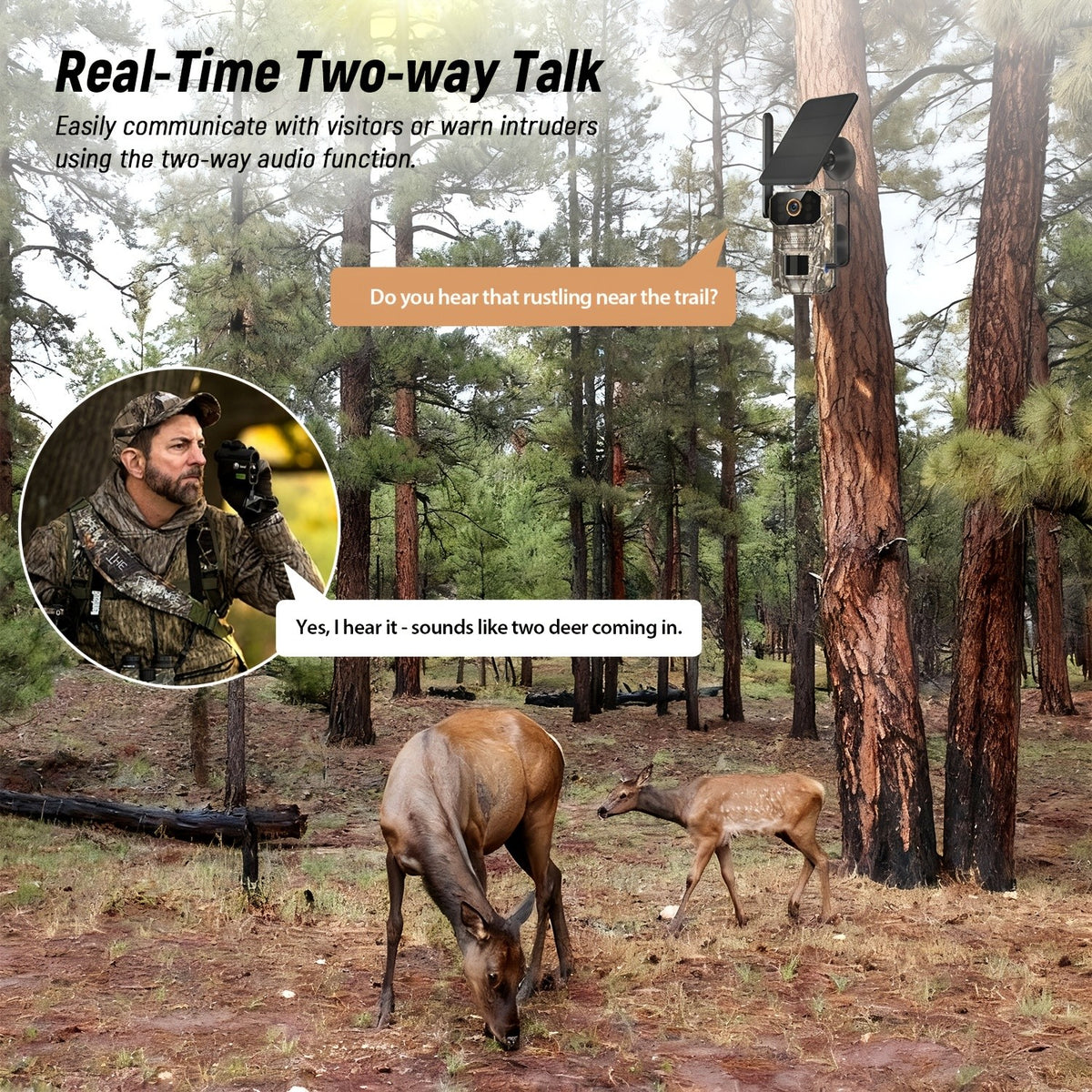 4G LTE Cellular Tracking Camera in Camouflage, Listed 1440P Video, USB and Solar Charging, Night Vision and Two-Way Audio in One- or Three-Camera Options