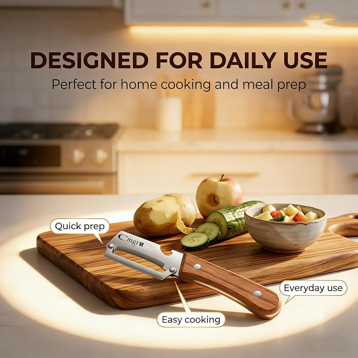 Wooden Handle Vegetable Peeler Set, Two-Piece Stainless Steel Blade Kitchen Tools with Listed Bottle Opener Function for Potatoes, Apples and Zucchini