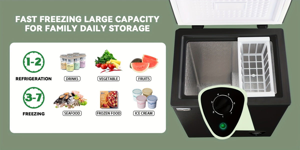 WANAI Chest Freezer 3.8 Cu. Ft. with Top-Opening Door, Seven Temperature Settings and Removable Basket, Black or White for Home Kitchen Storage