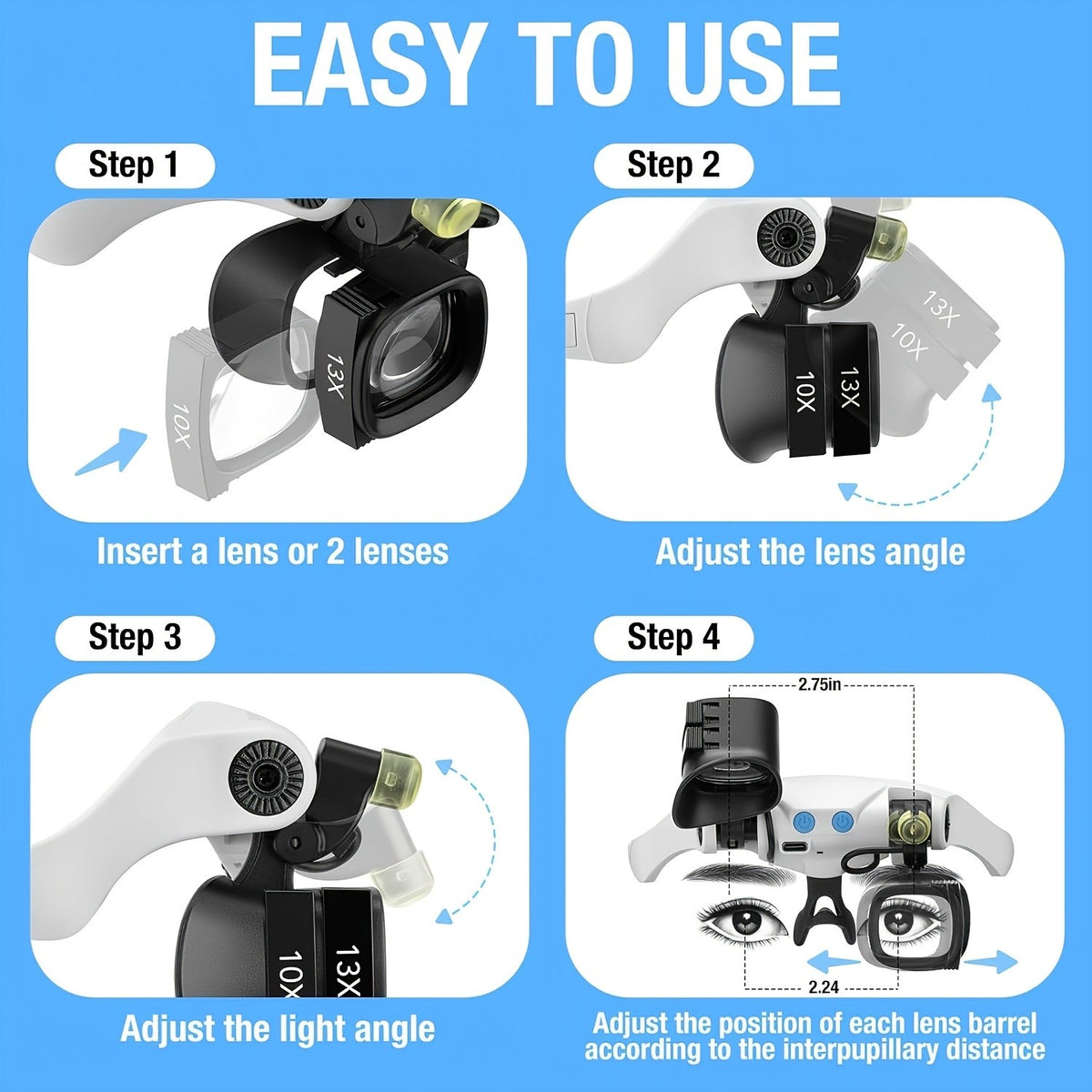 Head-Mounted Magnifying Glass with Light for Watch Repair and Model Making, Interchangeable Lens Design for Hands-Free Detailed Crafts and Hobby Work
