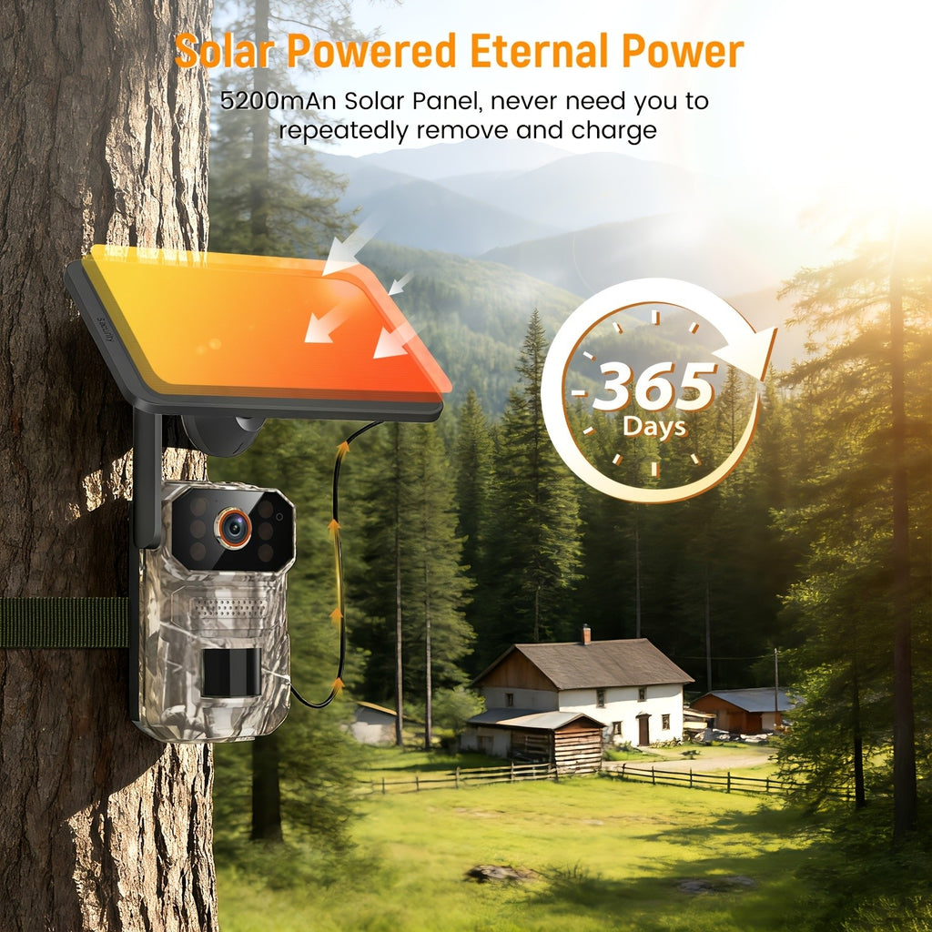 4G LTE Cellular Tracking Camera in Camouflage, Listed 1440P Video, USB and Solar Charging, Night Vision and Two-Way Audio in One- or Three-Camera Options