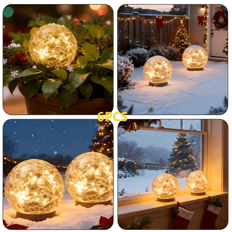Solar Garden Ball Lights with Crackle Glass, Warm White LED Decorative Globes in 4 or 6 Piece Sets for Patio, Lawn and Outdoor Garden Decor