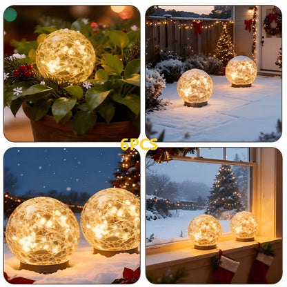 Solar Garden Ball Lights with Crackle Glass, Warm White LED Decorative Globes in 4 or 6 Piece Sets for Patio, Lawn and Outdoor Garden Decor