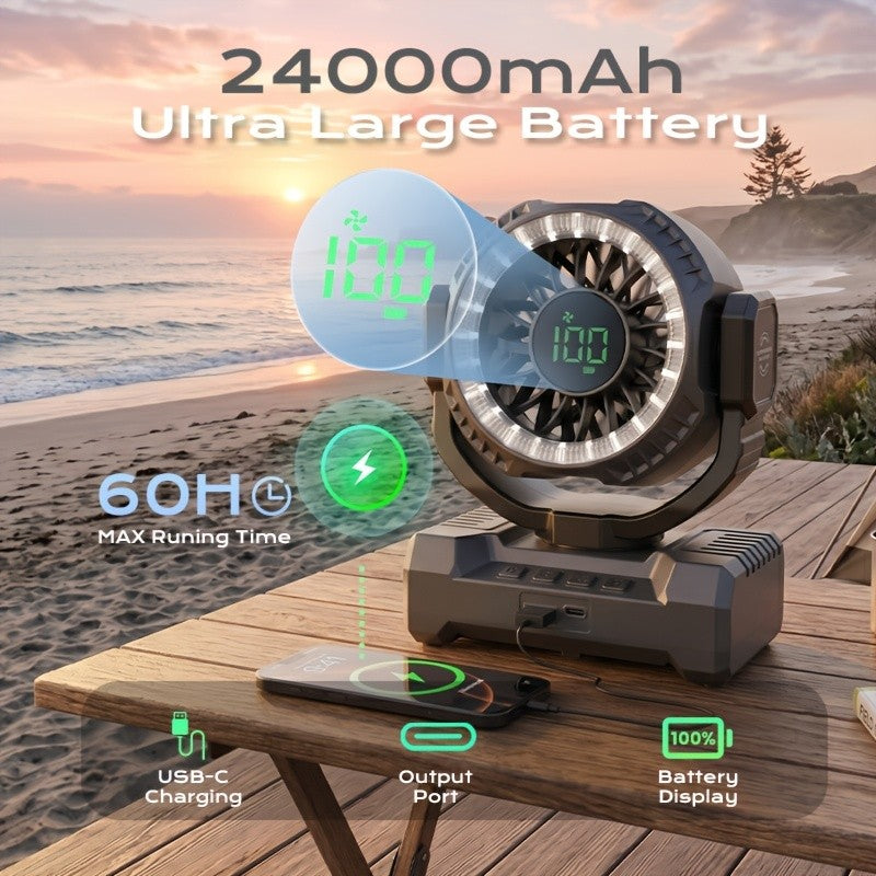 Display-Screen Camping Fan with Listed 24000mAh Rechargeable Battery, Five Speeds, USB Charging and Tent Hook for Campsite, BBQ and Home Power-Outage Airflow