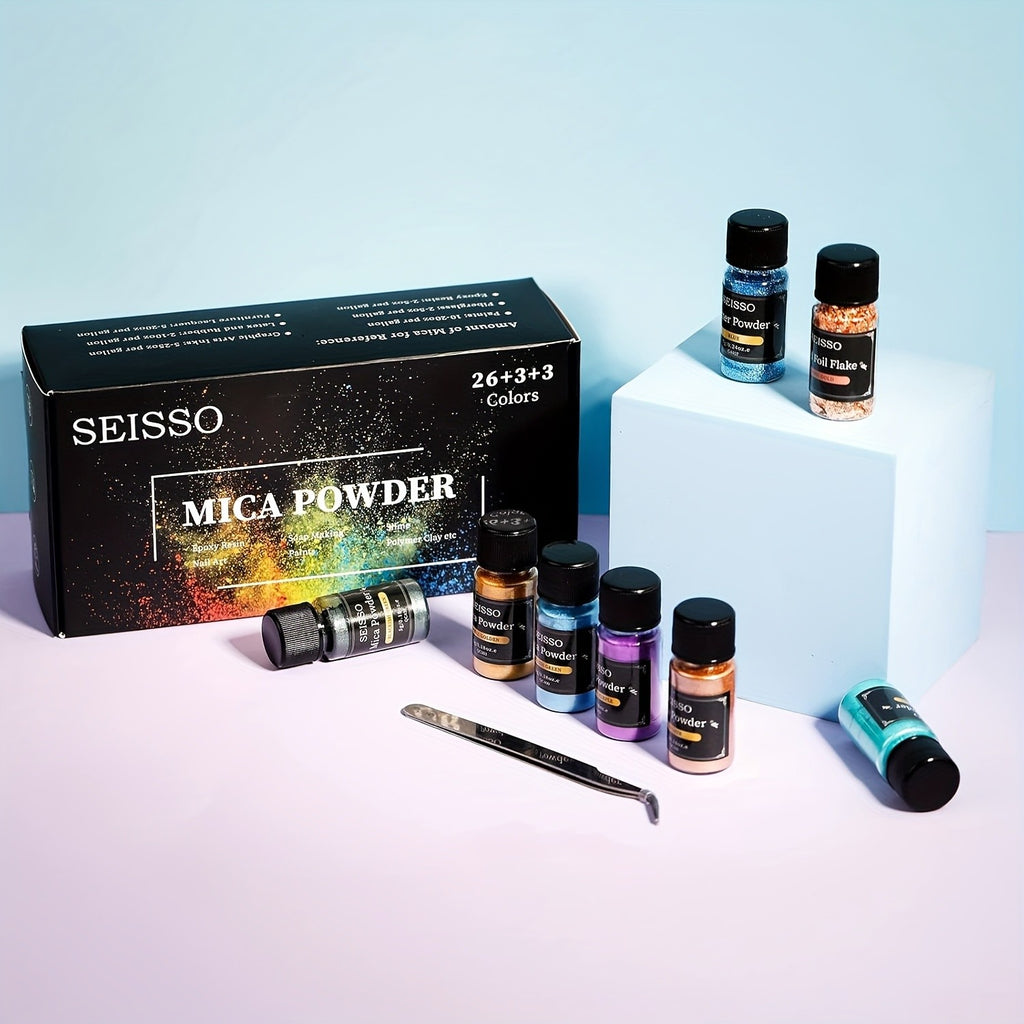 Mica Pigment and Glitter Craft Set with Listed 26 Mica Shades, Three Foil Flake Colors and Three Glitter Powders for Compatible Epoxy Resin Decorative Projects
