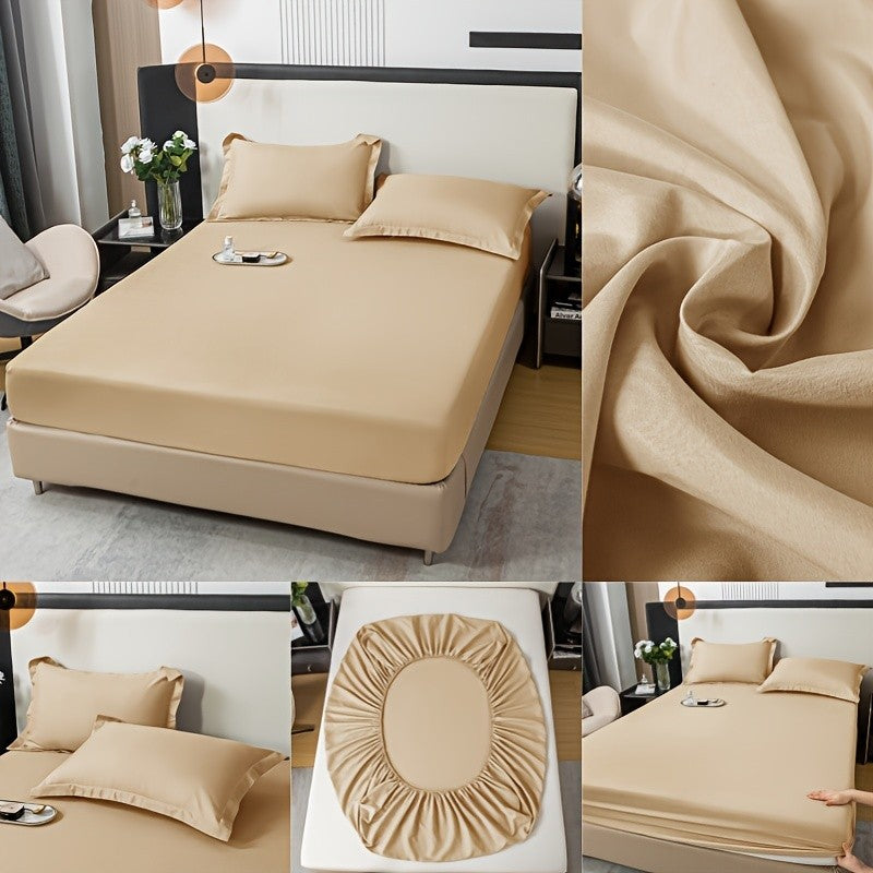 Three-Piece Solid Fitted Sheet and Pillowcase Set, One Soft-Feel Mattress Sheet with Two Pillowcases in Ten Size Labels and Six Colors for Home Bedrooms
