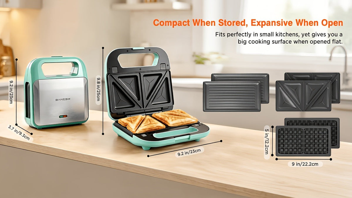 Three-in-One Sandwich and Waffle Maker with Listed 750W Power and Removable Nonstick Plates, Teal and Three-Plate Option Labels for Home Kitchen Meal Preparation