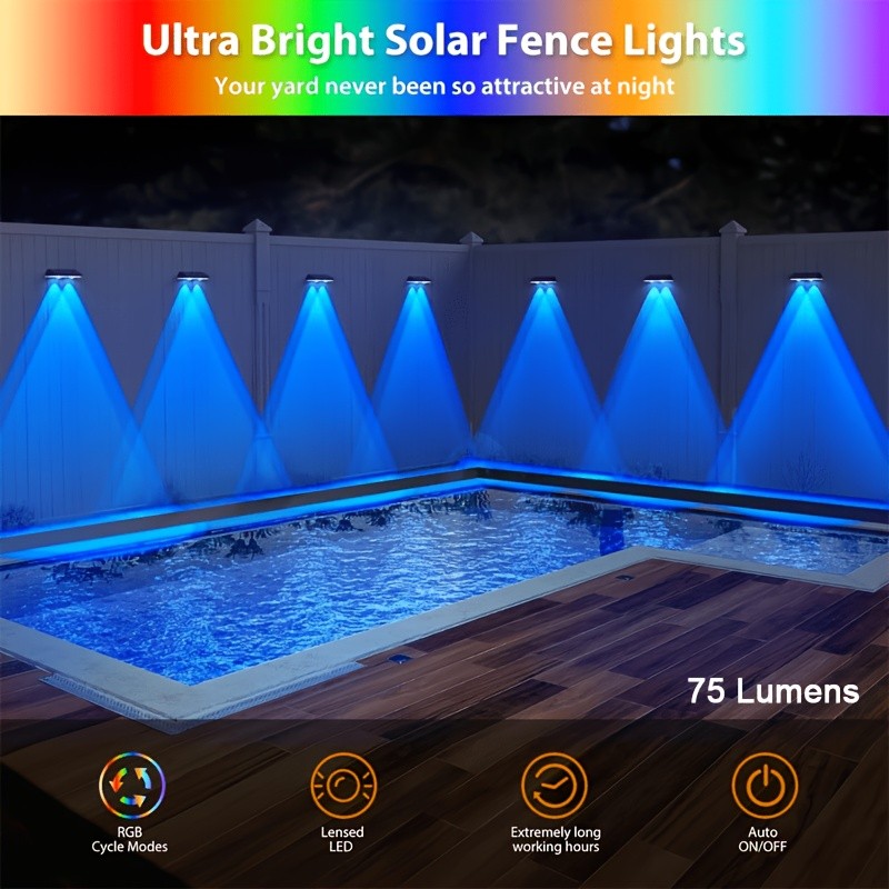 Multicolor Solar Fence Lights with Nine Listed Modes and Lens-Focused LEDs, Outdoor Wall and Patio Decorative Lighting in Packs of 4, 6, 8 or 10