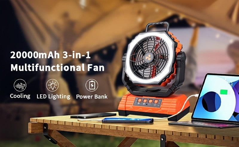 20000mAh Camping Fan with 4 LED Lanterns, Dual Motor Battery Powered Fan, 4-Speed Desk Fan with Hook, Remote Control Portable Outdoor Fan for Tent, Power Outage, Construction Site