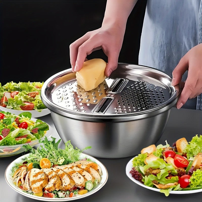 Food Prep Bowl Set with Stainless Steel Construction, 3-Piece Mixing Bowl, Draining Filter and Integrated Grinder for Fruit, Vegetables and Cheese