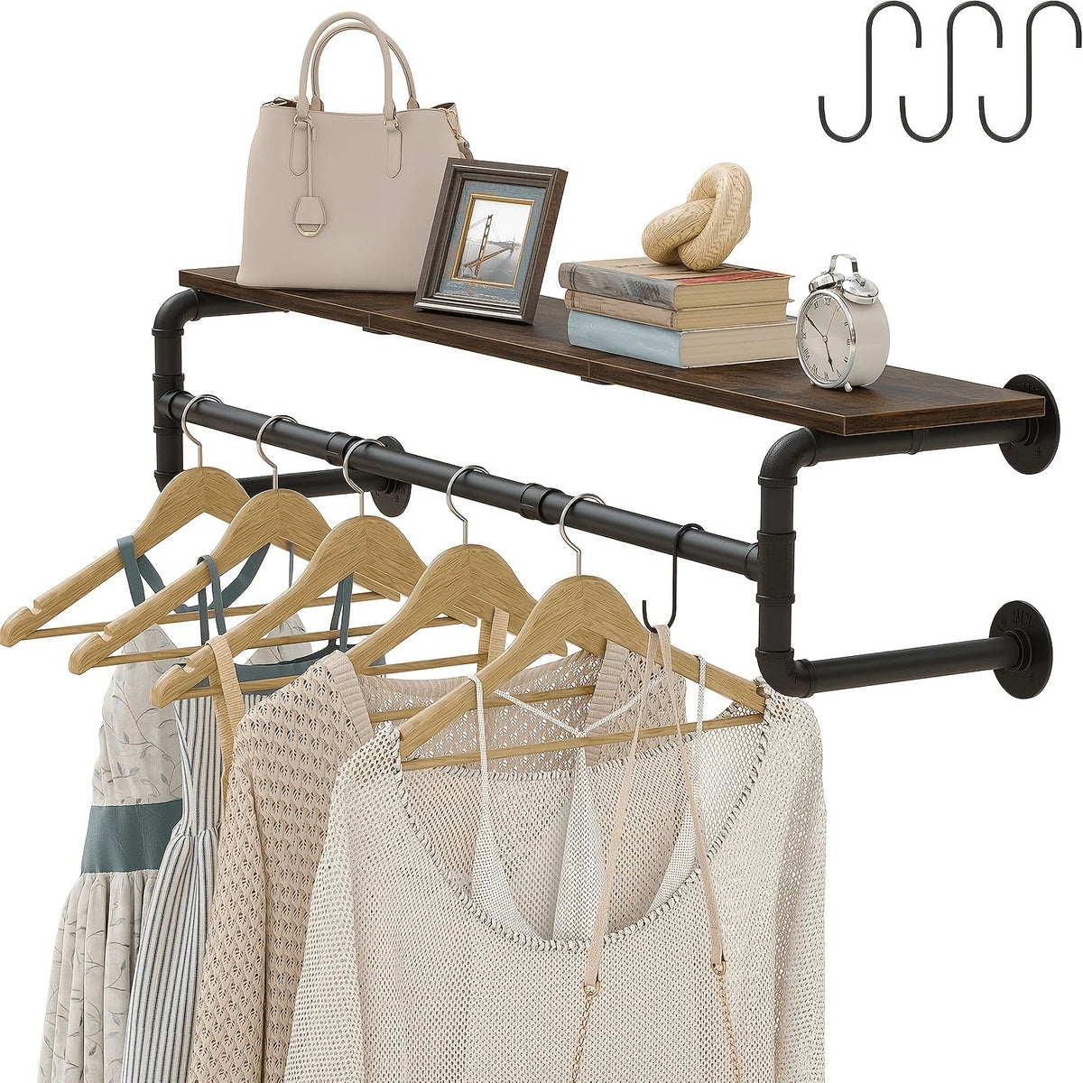 Industrial Pipe Clothes Rack by AESOME, 39.3-Inch Wall-Mounted Hanging Rod with Wood Top Shelf and Three Hooks in Black and Dark Brown for Closet Storage