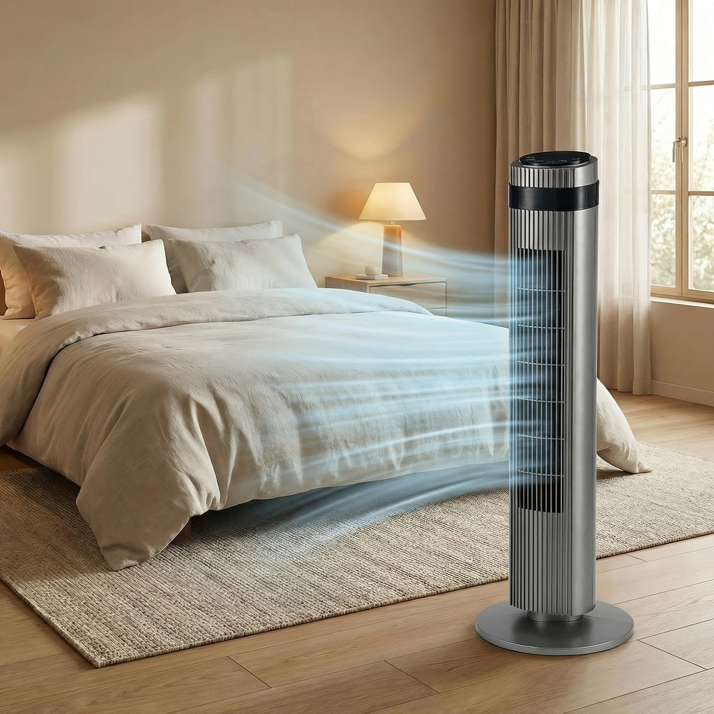DC Motor Tower Fan with Remote Control, Bladeless Standing Fan with 5 Speeds, 4 Modes and 12-Hour Timer for Bedroom, Living Room and Home Office