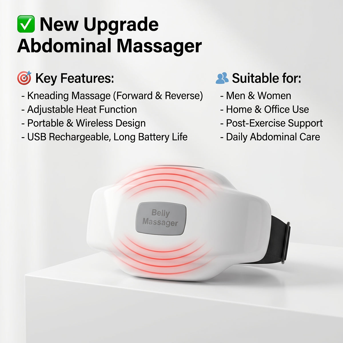 Heated Abdominal Massager with Kneading and Adjustable Modes, Rechargeable USB Belly and Waist Massage Device for Everyday Personal Care at Home or the Office