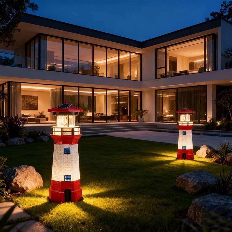 Rotating LED Solar Lighthouse with Built-In Solar Panel and Automatic Night Lighting Wording, Upgraded Model Label for Nautical Garden and Patio Decoration