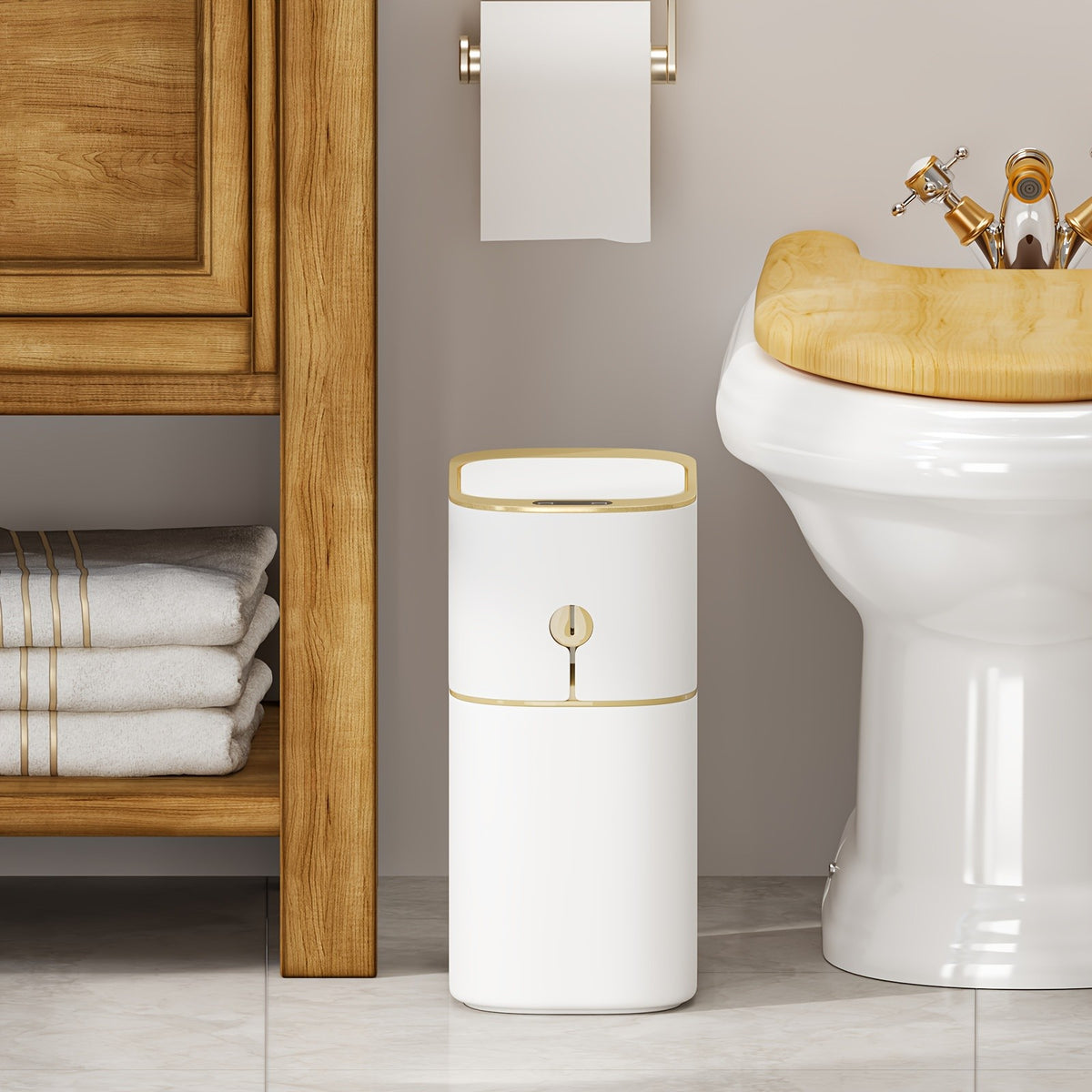 Golden-Accent Sensor Trash Bin with Listed 4-Gallon Capacity and Automatic Lid, One- or Two-Piece Options for Bathroom, Bedroom and Office Waste Storage, Batteries Excluded