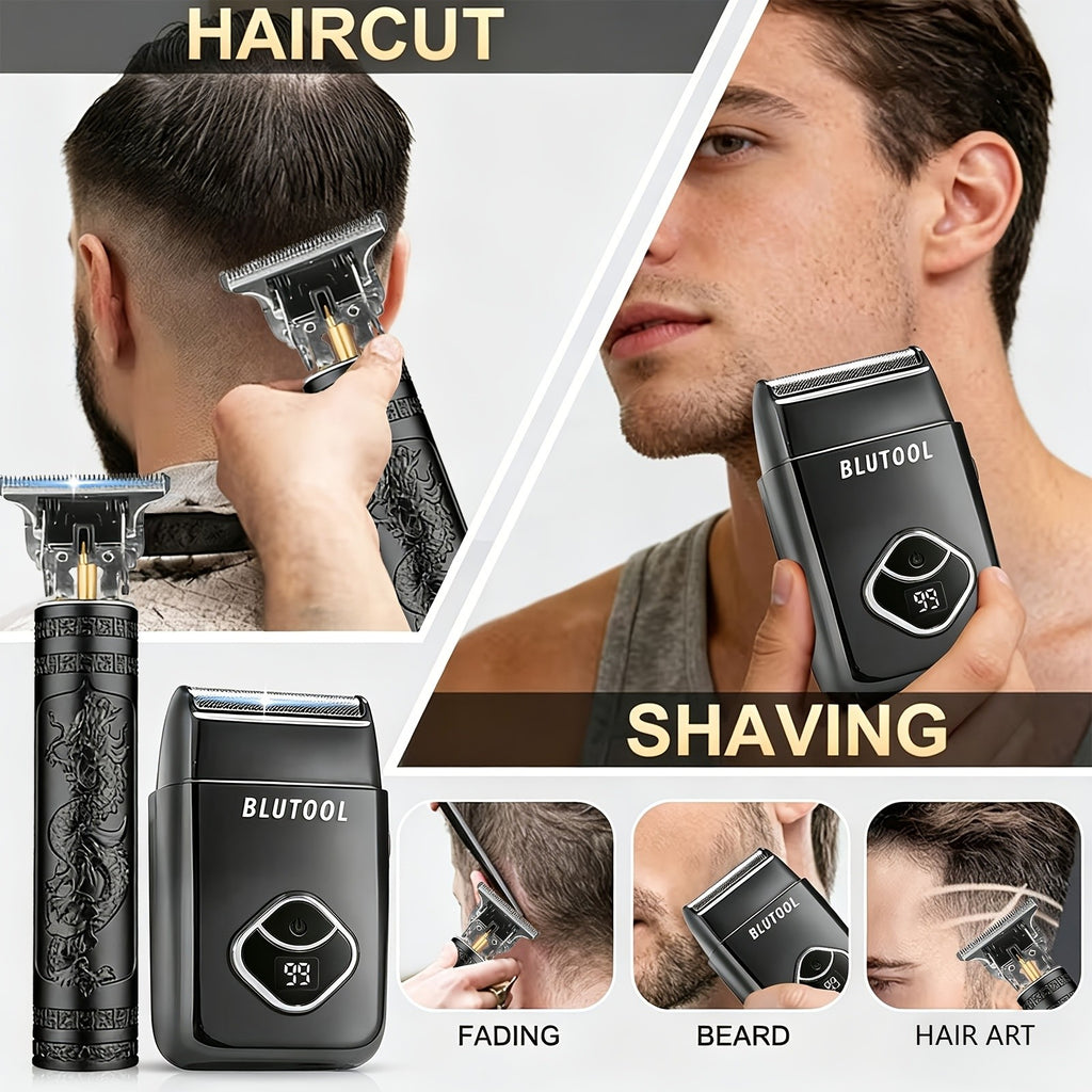 USB Rechargeable Hair Clipper Set for Men in Blue XY-4012, Cordless Grooming Tools with Listed Shaver, Nose Trimmer and Fine Trimmer Package References