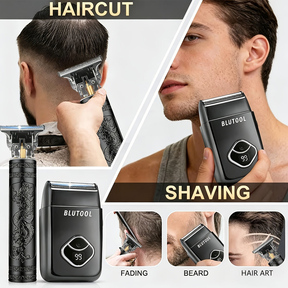 USB Rechargeable Hair Clipper Set for Men in Blue XY-4012, Cordless Grooming Tools with Listed Shaver, Nose Trimmer and Fine Trimmer Package References