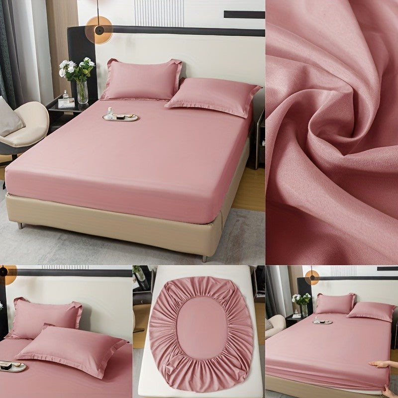 Three-Piece Solid Fitted Sheet and Pillowcase Set, One Soft-Feel Mattress Sheet with Two Pillowcases in Ten Size Labels and Six Colors for Home Bedrooms