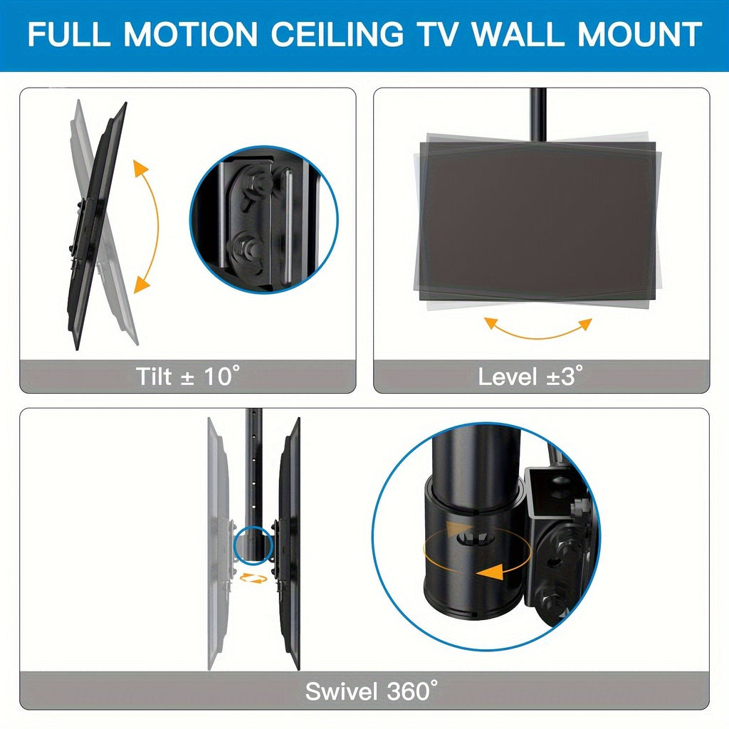 Ceiling TV Mount with 360-Degree Swivel, Adjustable Tilt and Hidden Cable Management, Black Overhead Bracket for Compatible Flat or Curved TVs