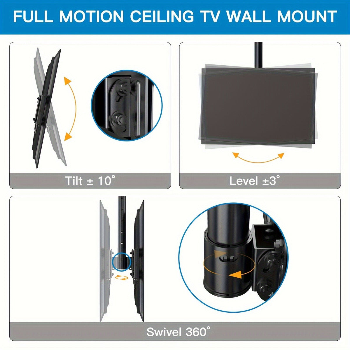 Ceiling TV Mount with 360-Degree Swivel, Adjustable Tilt and Hidden Cable Management, Black Overhead Bracket for Compatible Flat or Curved TVs