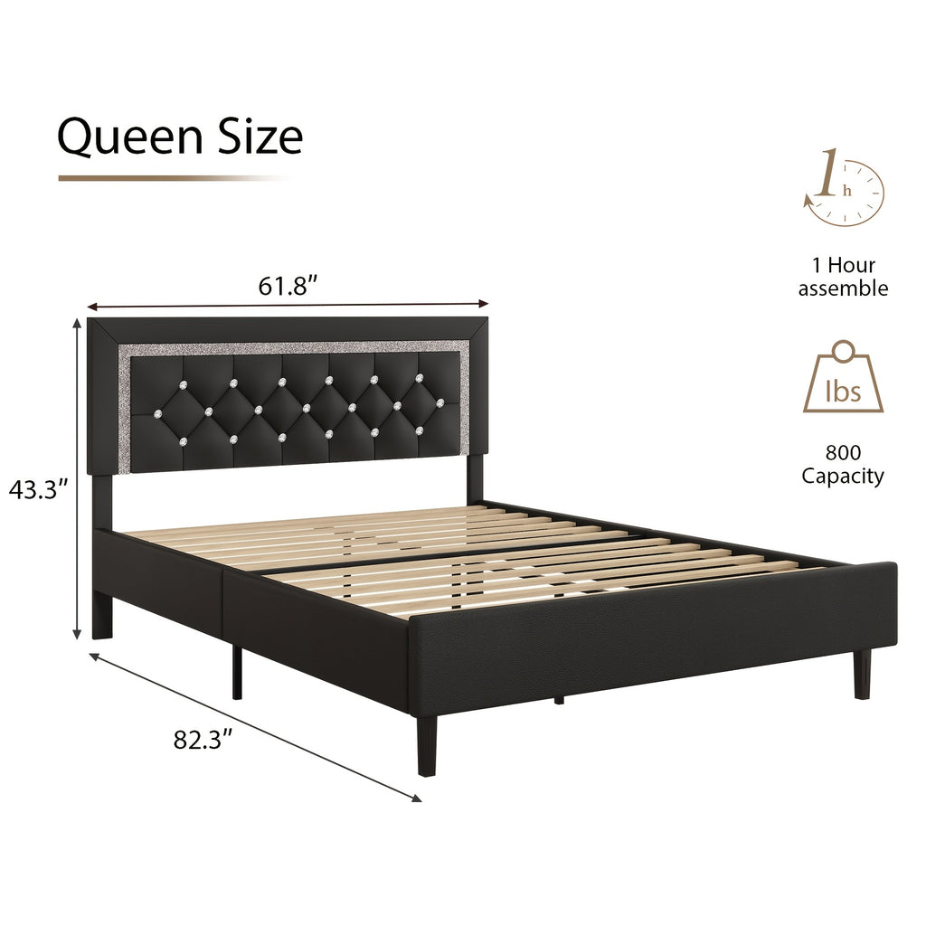 Princess Bed Frame with Diamond Headboard and Wooden Slat Support, Bedroom Furniture in White, Black or Pink with Twin, Full and Queen-1 Size Options