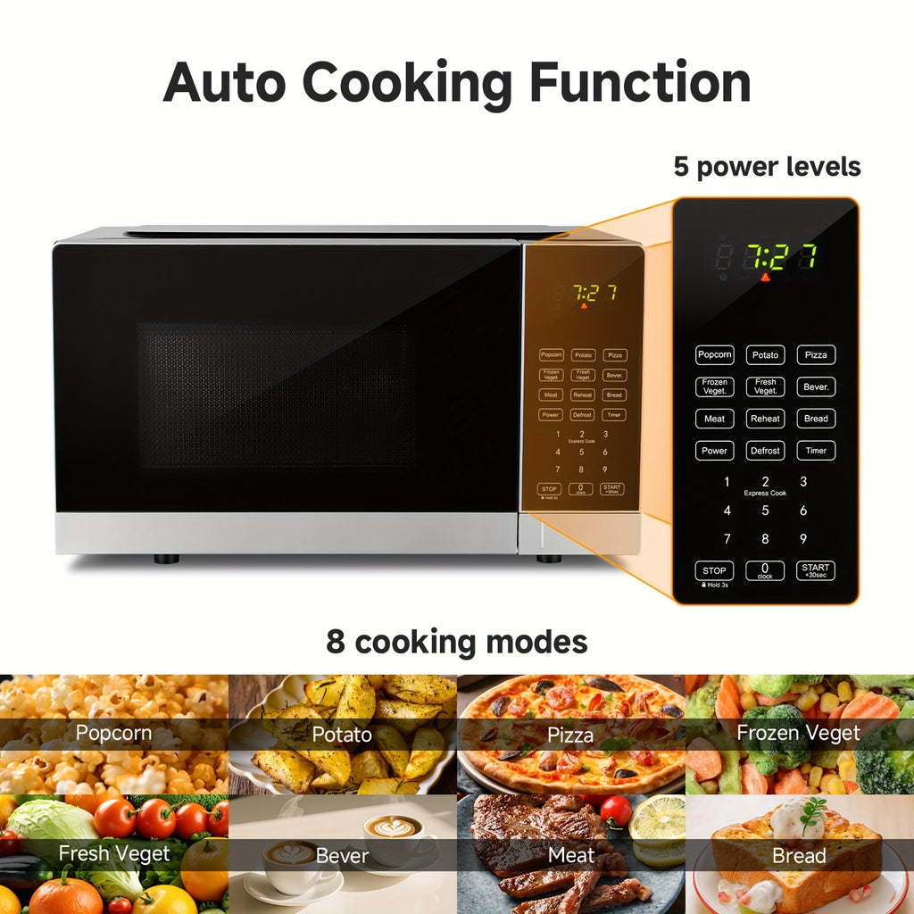 Countertop Microwave Oven by AMZCHEF, 0.7 Cubic Feet Compact Tabletop Appliance with Listed 9 Preset Recipes, Defrost and Clock Functions for Everyday Meals