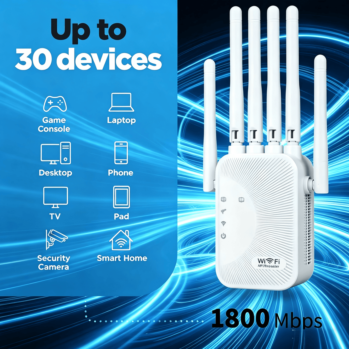 Six-Antenna WiFi Range Extender with Ethernet Port, White Wireless Signal Repeater for Home and Office Network Coverage and Everyday Internet Use