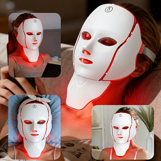 LED Facial and Neck Mask with Listed 138 LEDs and Seven Color Modes, USB Rechargeable Pearl White Beauty Device for At-Home Personal Care Routines
