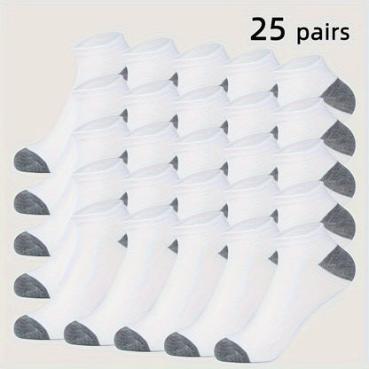 Men's Color-Block Sports Socks 25-Pair Pack with Breathable Low-Cut Design, Black or White One-Size Options for Athletic Shoes and Everyday Casual Wear