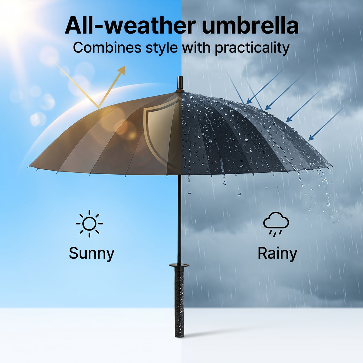 Samurai Umbrella in Black with Automatic Open and Close, Listed 24-Rib Steel Frame and Sword-Themed Styling for Rainy Days, Cosplay Outfits and Anime Fan Gifts