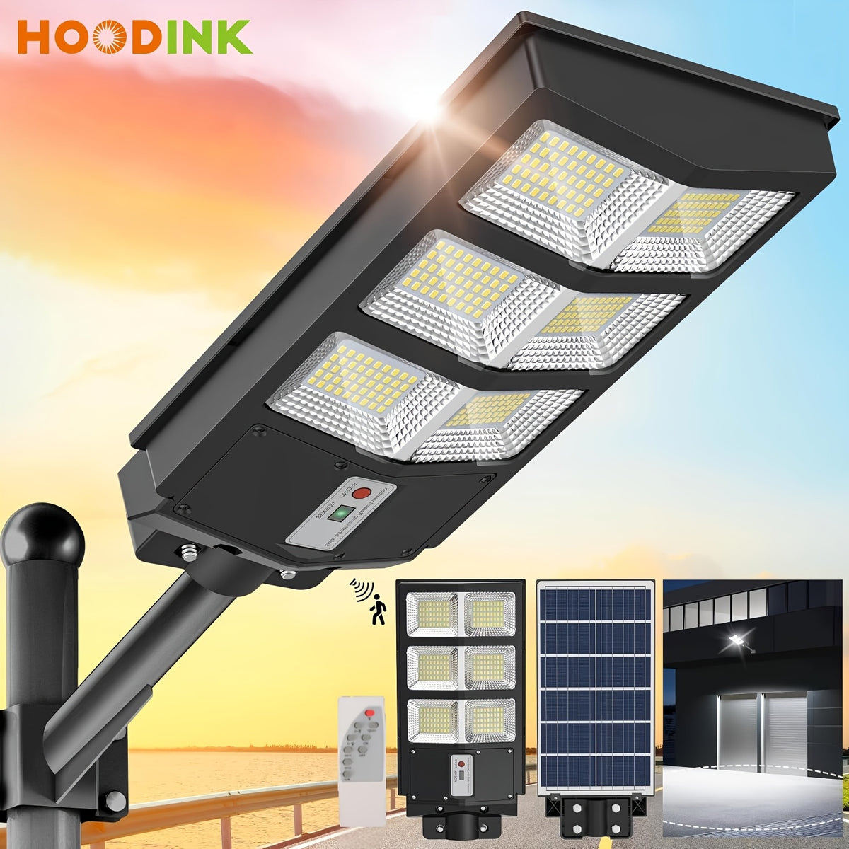 Solar Street Light with Motion Sensor and Remote Control, Matte Black Single-Pack 270, 360 or 800 LED Options with 6500K and Three Lighting Mode References