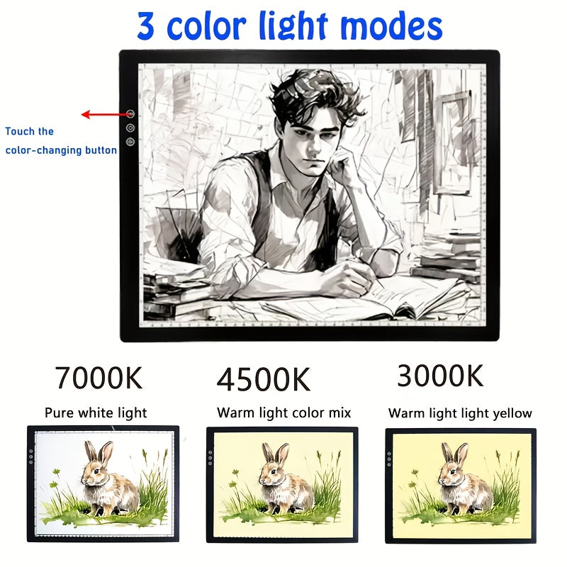 A3 Diamond Painting LED Light Box with Listed Three Color Modes and Eight Dimming Levels, USB Power, Plastic Stand and Four Swan Neck Clip Option Labels