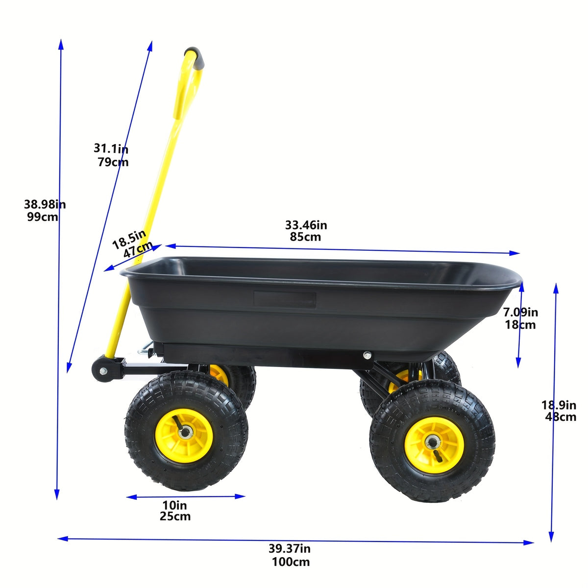 Poly Garden Dump Cart with Steel Frame, Listed 10-Inch Pneumatic Tires and 180-Degree Swivel Handle, Black or Green Option Labels for Lawn and Yard Supply Transport