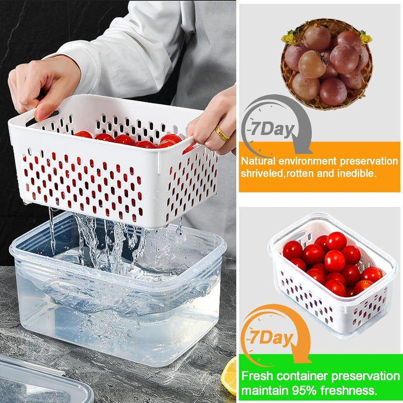 Fruit Storage Boxes with Removable Colanders, M+L Refrigerator Organizer Set in PP Plastic with Two Boxes and Two Drain Baskets, Four Pieces Total