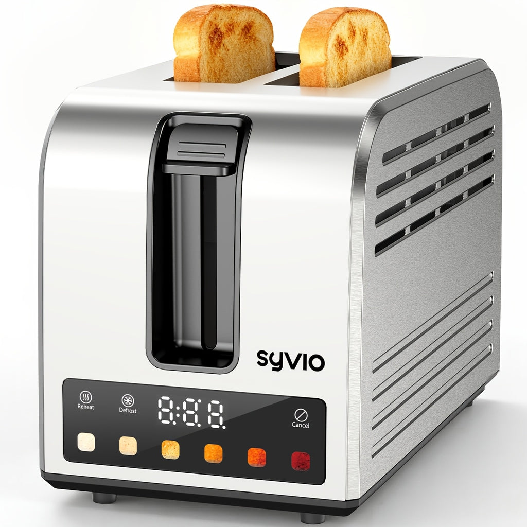 Stainless Steel Smart Toaster by Syvio with Listed Touchscreen Controls, Five Bread Types, Six Browning Levels, Wide Slots and Removable Tray for Breakfast