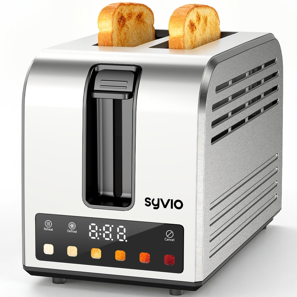 Stainless Steel Smart Toaster by Syvio with Listed Touchscreen Controls, Five Bread Types, Six Browning Levels, Wide Slots and Removable Tray for Breakfast
