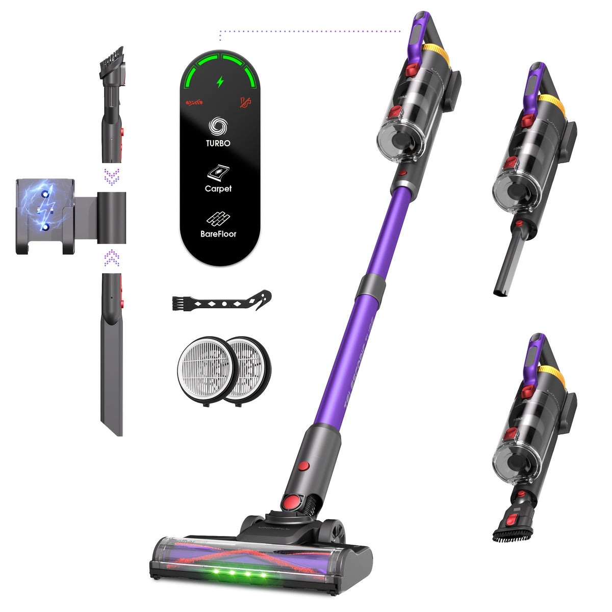 Detachable-Battery Cordless Vacuum Cleaner in Purple with Listed 46kPa Suction, Six-Stage Filtration and V-Shaped Brush Features for Home Floor and Pet Hair Cleanup